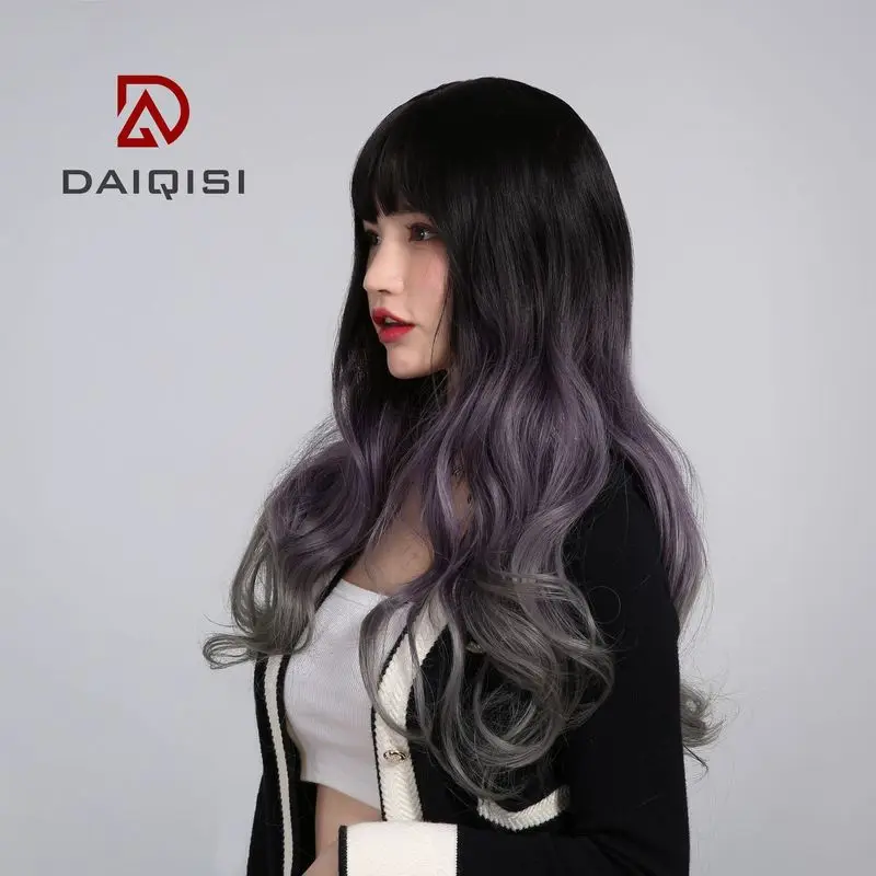 Women's wig with large waves, gradient color, long curly hair, synthetic fiber, straight bangs, realistic headpiece