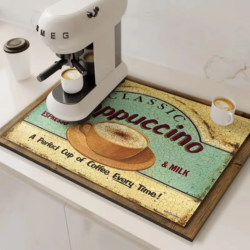 VIKAMA Retro Cappuccino Coffee Mat Absorbent Non Slip Vintage Counter Pad For Espresso Machine Coffee Bar Quick Dry Drying Mat