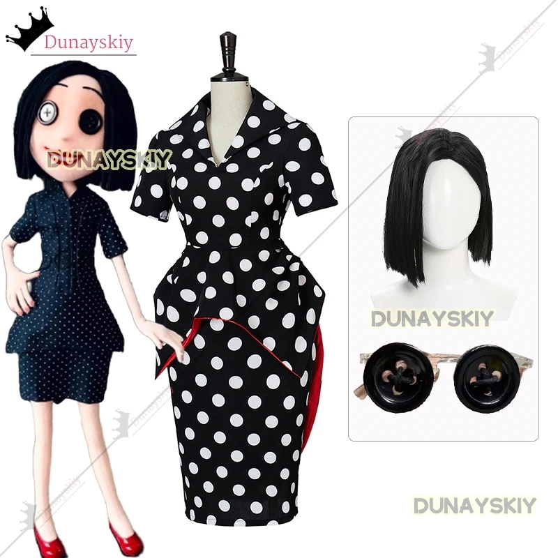 CORALINE Mom Cosplay Costume Polka Dot Dress Wig Button Glasses Set Other Mother Role-Playing Uniform 2025 Anime Halloween Party