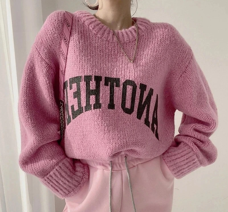 Korean Fashion Autumn and Winter Candy Color Sweater Pullovers for Women Loose  Sweater Letter Knitted Pullovers