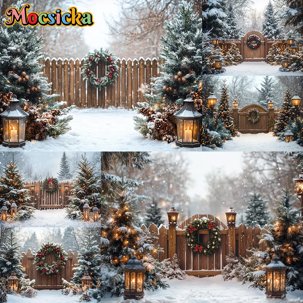 

Mocsicka Photography Backdrop Night Lights Tree Fence Christmas Decoration Kid Xmas New Year Portrait Background For Photograph
