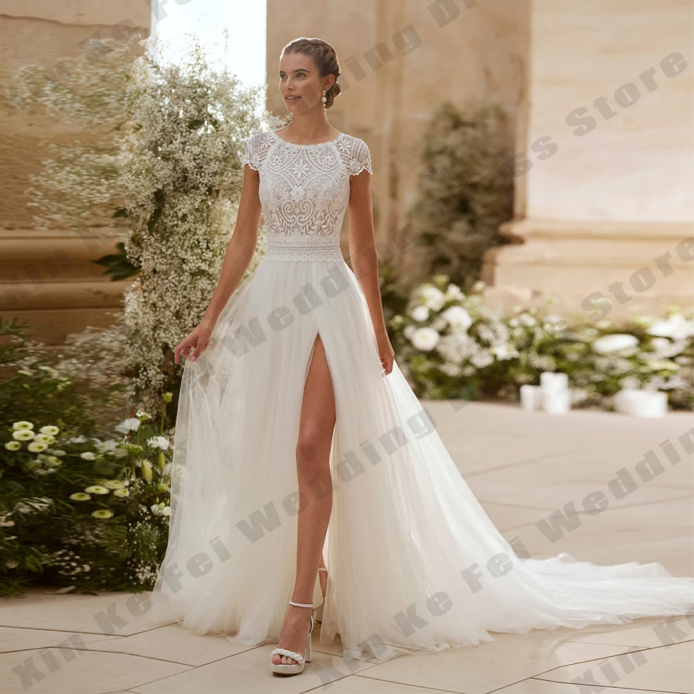 

2025 Chiffon Women's Bridal Gowns Round Neck Elegant Short Sleeve Lace Princess Wedding Dresses Formal Prom Party Customized