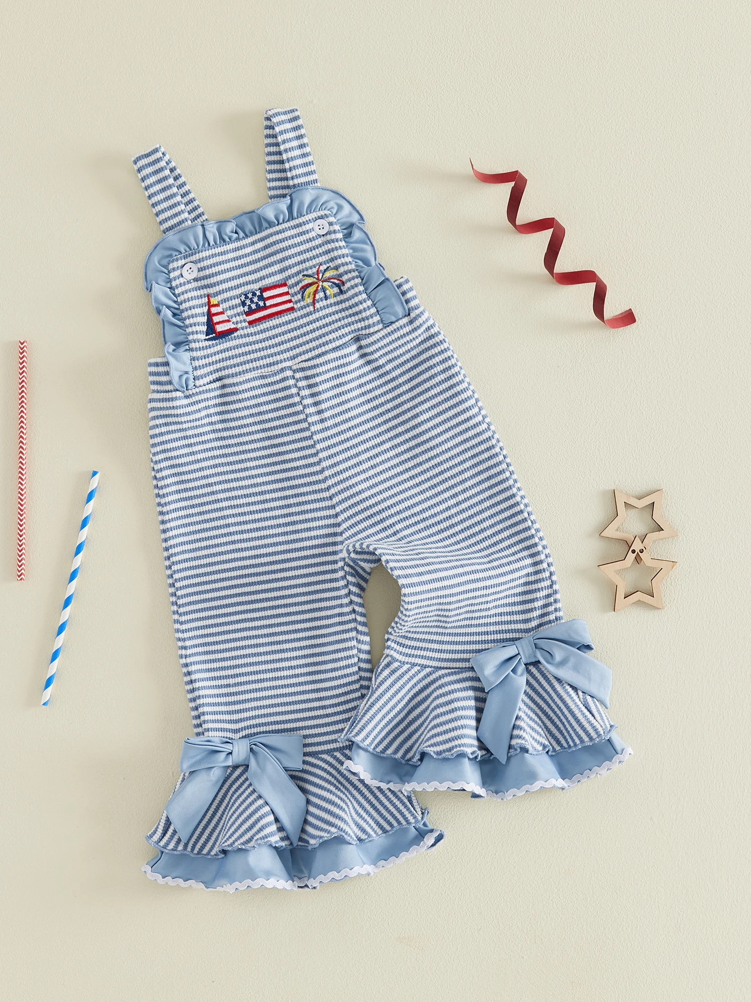 

Independence Day Baby Girl Romper with Embroidered Stars and Stripes Sleeveless Toddler Jumpsuit with Bell Bottoms