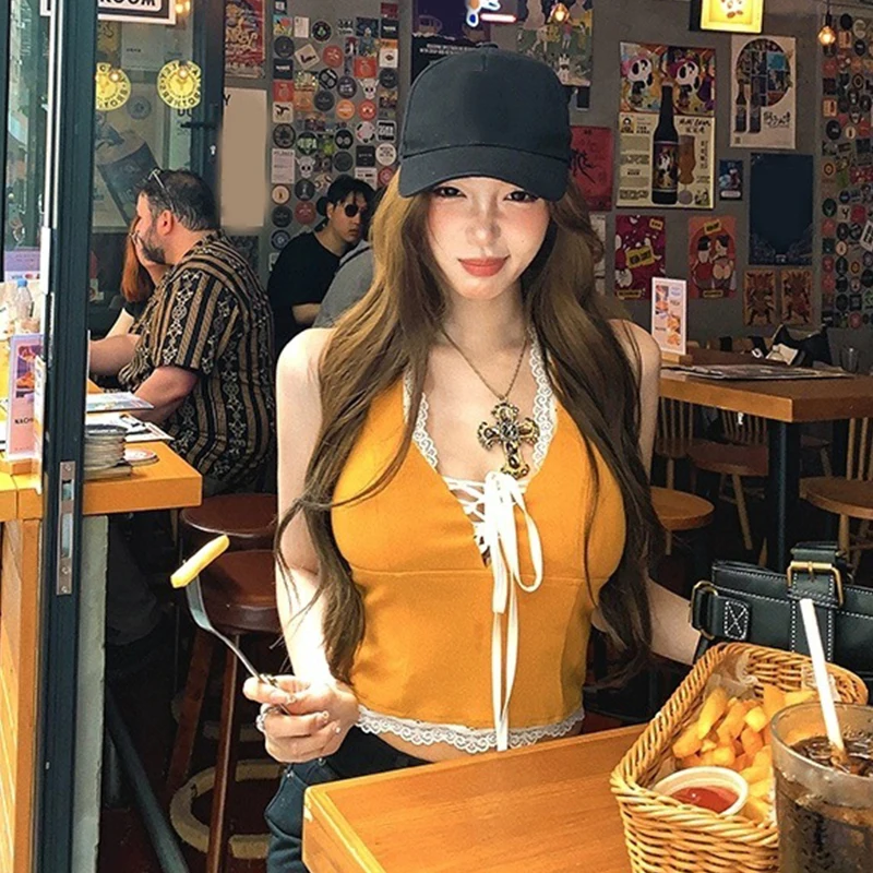 Women's Sexy Sweet Halterneck Lace-up Sleeveless Slim Vest With Chest Pad