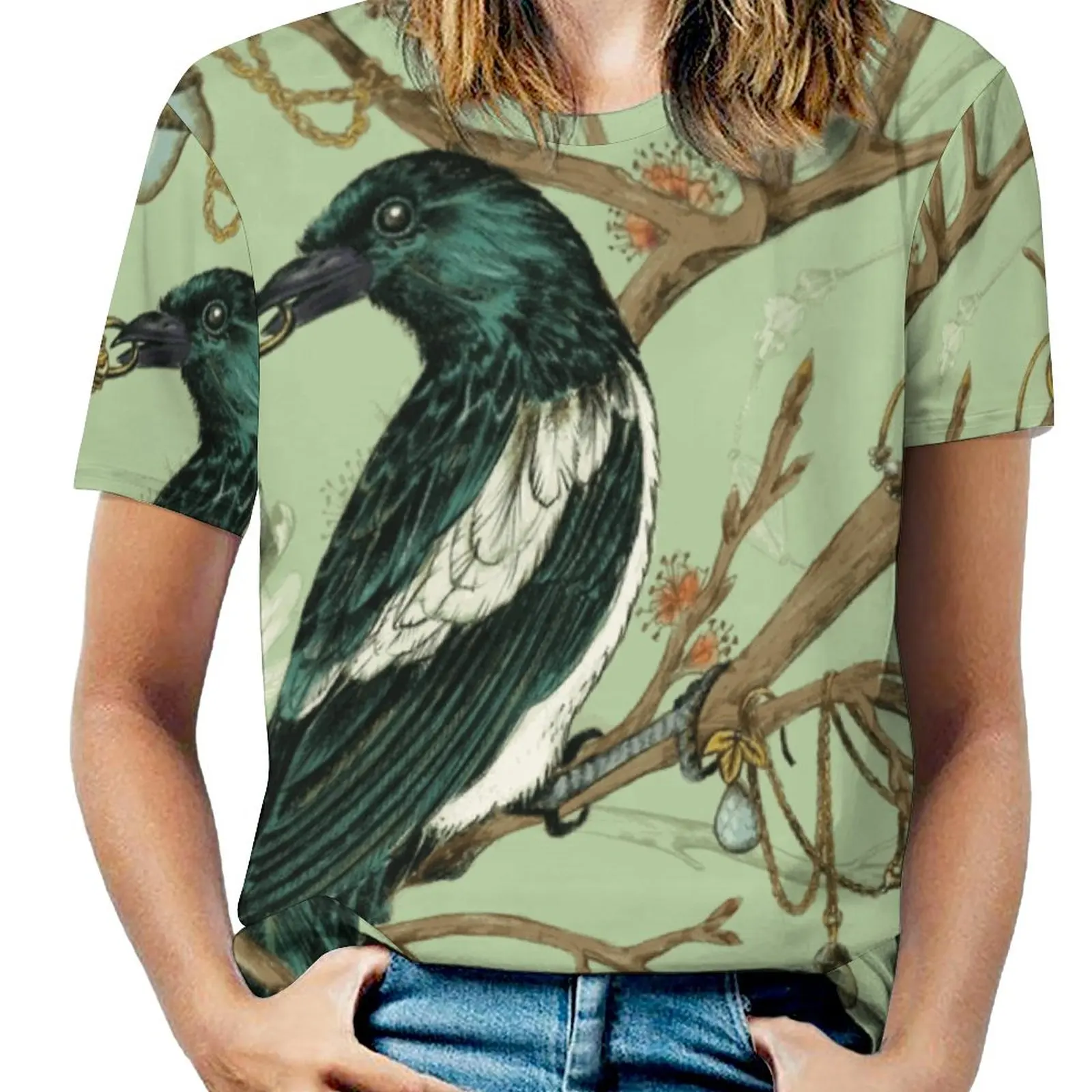 Magpie Birds Fashion Print Women Ladies Girls T-Shirt Harajuku Round Neck Short Sleeve Tops & Tees Magpie Bird Jewel Pica