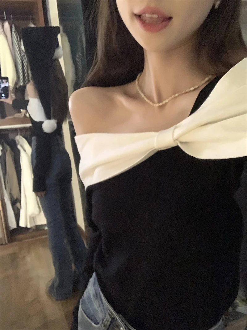 French Style Sweater Women Bow Slash Neck Patchwork Off Shoulder Knitted Tops Sexy Slim Stretch Pullovers Ladies Elegant Top