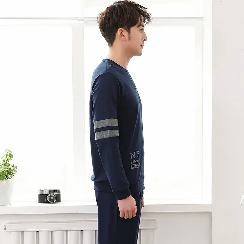 Conjuntos de pijamas de algodón 2024 para hombre, ropa de dormir de manga larga, suelta, coreana, de alta calidad, para el hogar, Otoño, 100%