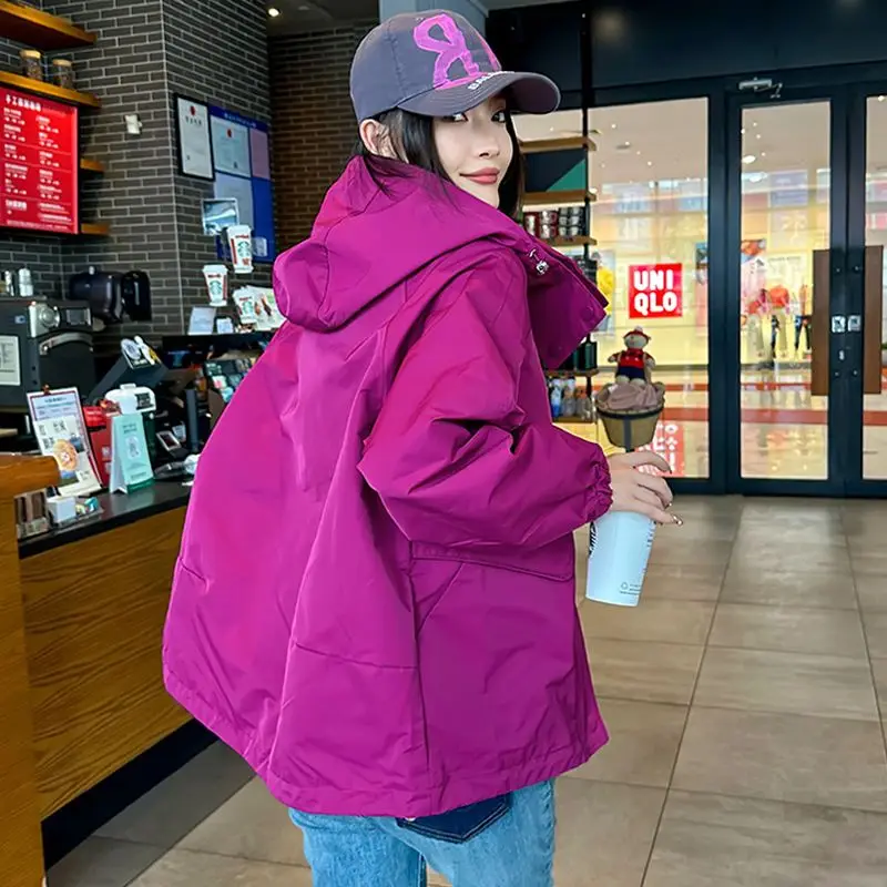 Candy Color Autumn Women Jacket Hooded Windbreaker Sweatshirt Outdoor Coats Pockets Long Sleeve Korean Casual Loose Outerwear