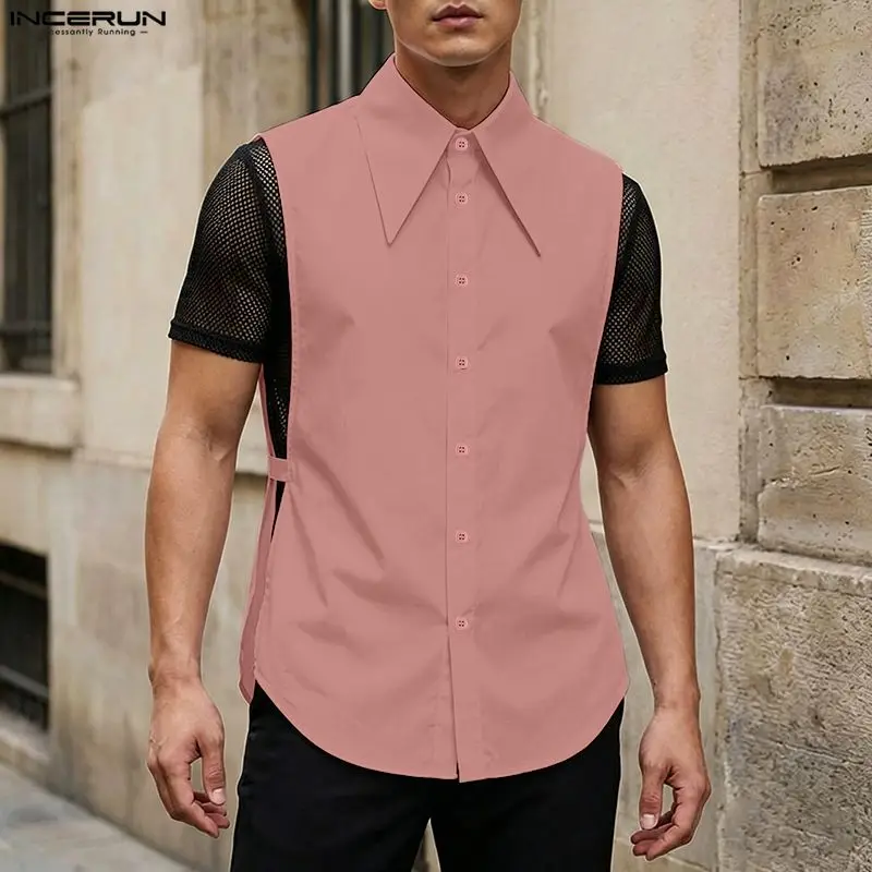 

INCERUN Men's Shirt Solid Color Hollow Out Lapel Sleeveless Camisas Men Clothes Summer Loose Streetwear 2026 Fashion Casual Tops