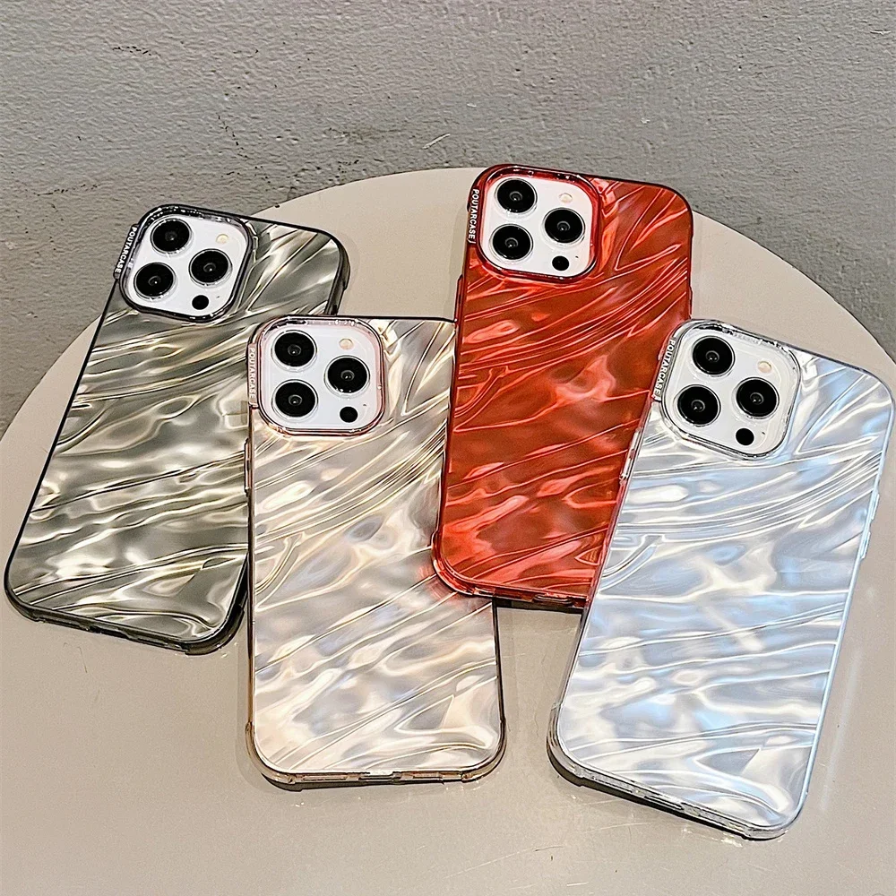 Luxury Plating Silicone Shiny Water Ripple Pattern Case For iPhone 15 14 13 12 11 Pro Max Plus Aesthetic Camera Protection Cover