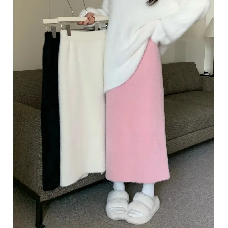 Mink Cashmere Straight Tube Skirt Lazy Style High-waisted Knitted Gentle Long Length New Autumn Style Women's Drooping