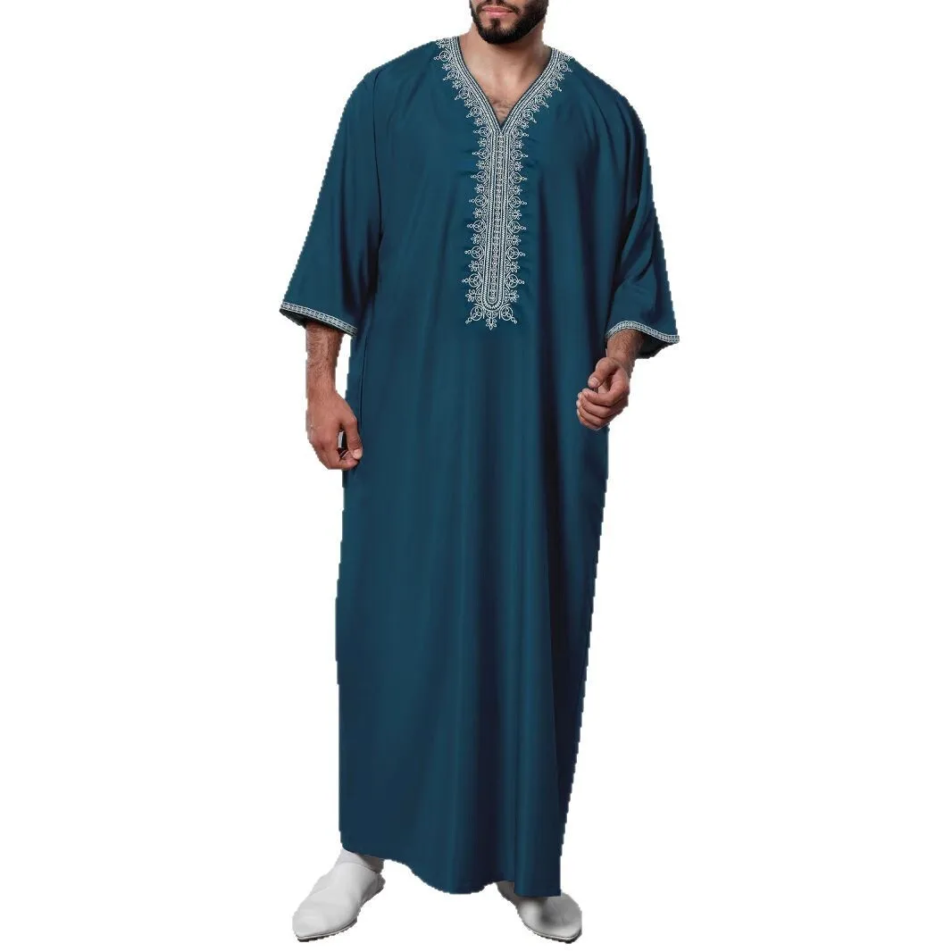 2025 New Muslim Mid Sleeve Embroidered Ethnic Style Moroccan Men's Robe Side Pocket Abaya Ramadan Dubai Luxury Islam Elegant