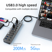 Blueendless USB Hub 3.0 7 ports 10 Port Aluminum Alloy Shell Splitter Split Switch Adapter 12V power adapter for PC Macbook lapt