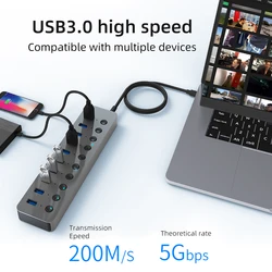 Blueendless USB Hub 3.0 7 ports 10 Port Aluminum Alloy Shell Splitter Split Switch Adapter 12V power adapter for PC Macbook lapt