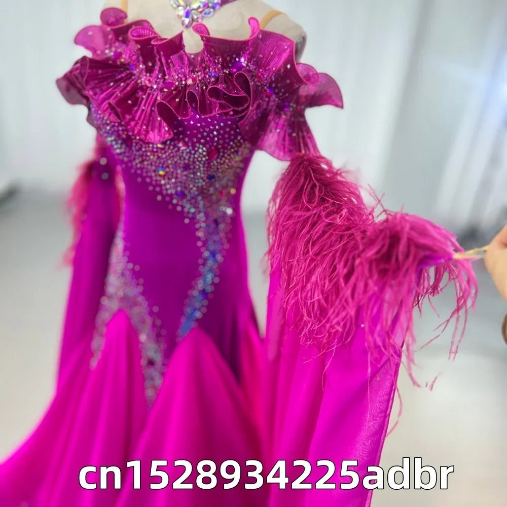 Rose Red Chiffon Modern Dance Competition Dress, Ballroom Dance Waltz Performance Dress, Ballroom Dance Dress, Feather Sleeves