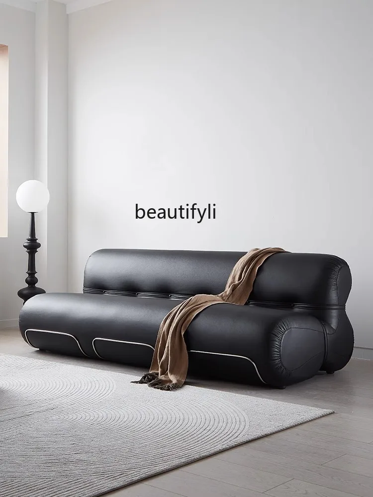 French Retro First Layer Cowhide Designer Model Living Room Combination Mid-Ancient Style Light Luxury Double Three-Seat Sofa