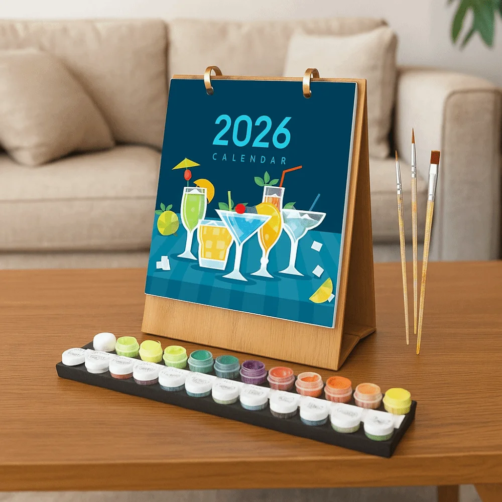2026 edição calendário de mesa artesanal 12 meses planejador de mesa pintura por números desenhado à mão calendário flip família e amigo