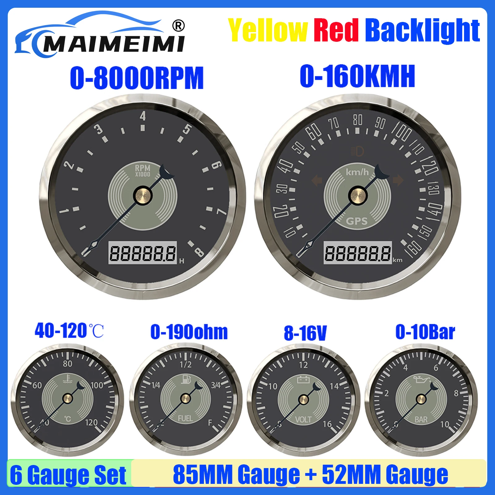 

MAIMEIMI 6 Gauge Set Retro Vintage Style 85MM GPS Speedometer Tachometer 52MM Water Temp Oil Pressure Fuel Level Gauge Voltage