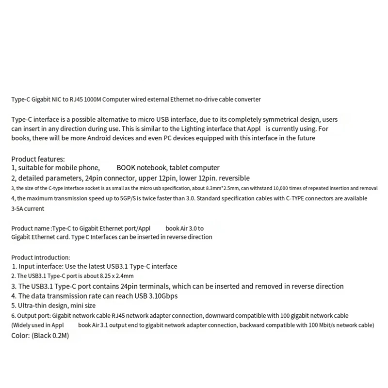 Adapter Ethernet typu C na RJ45 Gigabit USB3.1 Karta sieciowa 1000 Mb/s Złącze Ethernet Przenośne do laptopa stacjonarnego