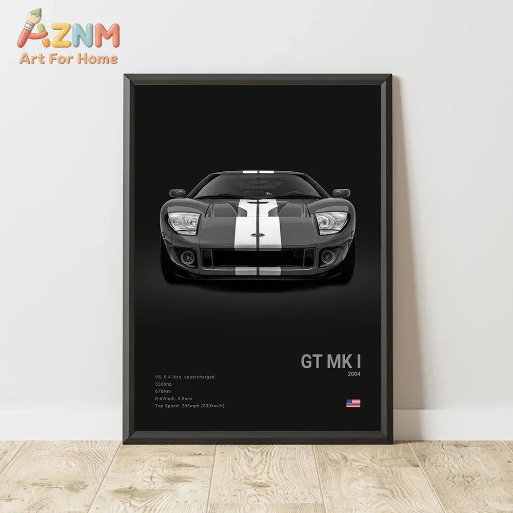 AZNM Ford Mustang RS Series Canvas Wall Art Black White American Muscle Car Spec Poster Unframed Canvas Print for Garage Decor