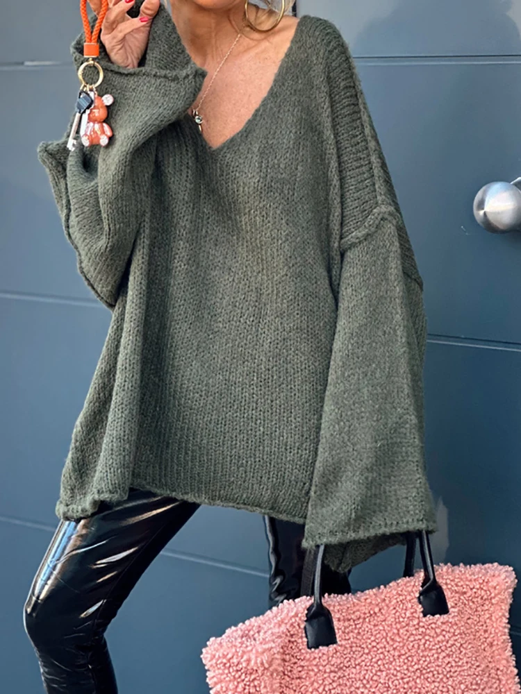 Loose Loungewear V Neck Pullovers, Women Autumn Winter Long Raglan Sleeve Fashion Sweaters, 2024 New Patchwork Solid Ladies Tops