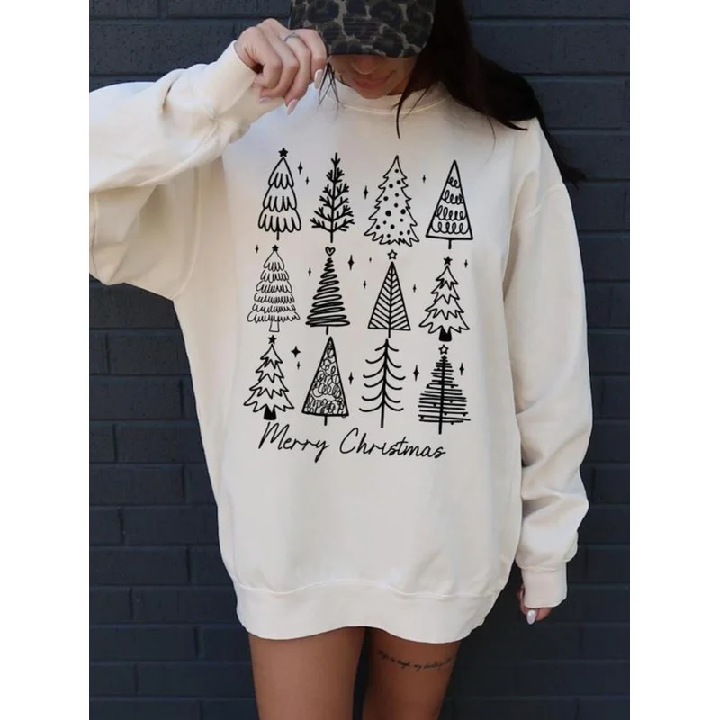 Women's Round Neck Sweatshirt，Christmas tree print sweatshirt，Christmas holiday cultural elements，Casual Style