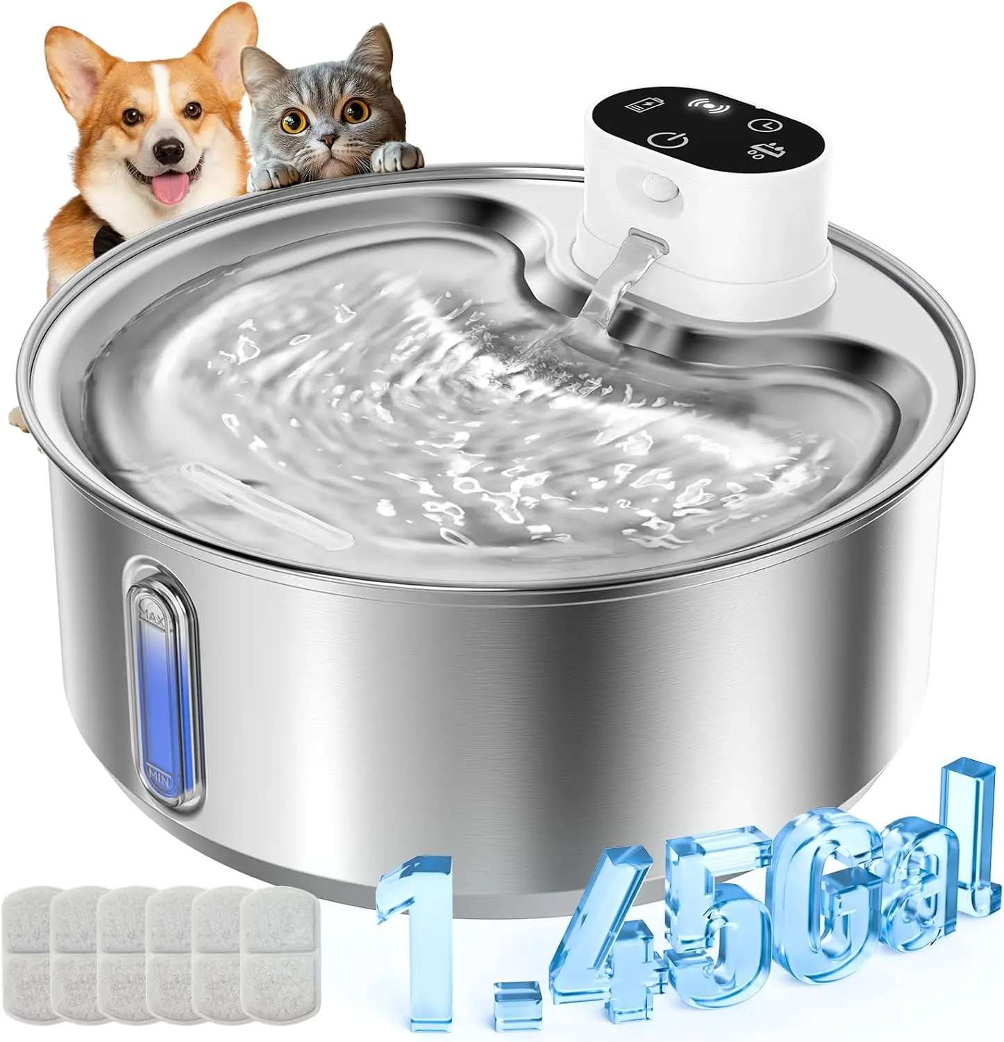 

Фонтан для воды для домашних животных из нержавеющей стали, 5,5 л, беспроводной, на батарейках, с тремя режимами работы, для кошек и собак, для использования в помещении