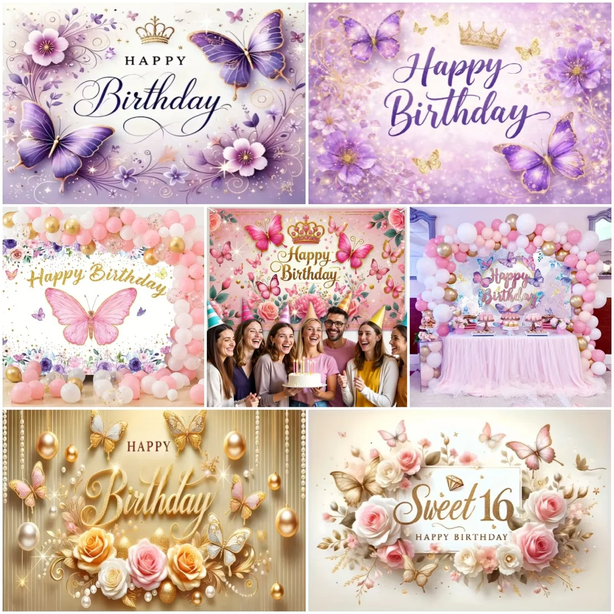 

Pink Purple Butterfly Flower Theme Girls Birthday Party Decoration Background Portrait Photography Banner Baby Shower Backdrop