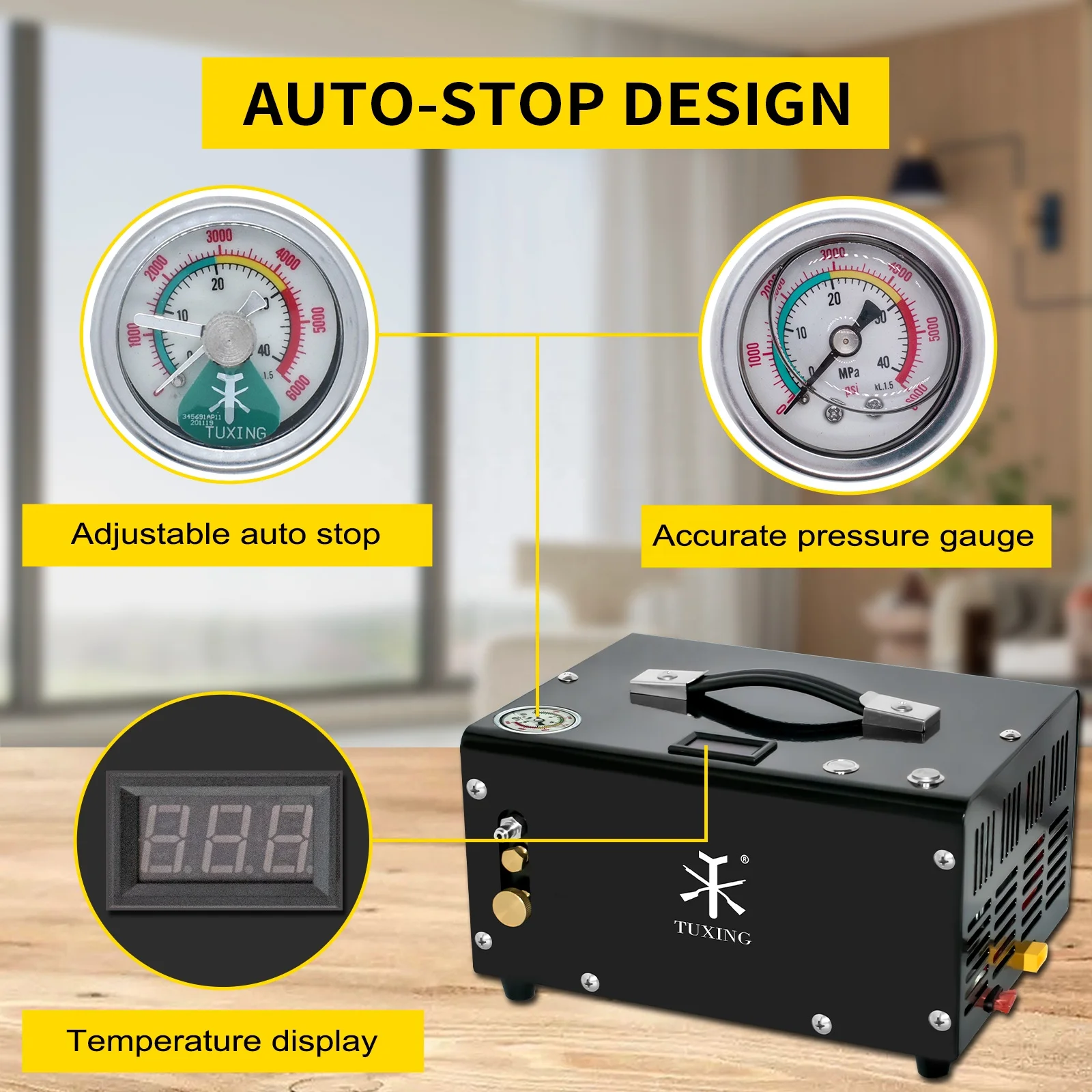 TUXING Wholesale 12V 110V 220V Adjustable Auto Stop 4500psi 300bar Paintball Hunting Car Battery Household PCP Air Compressor