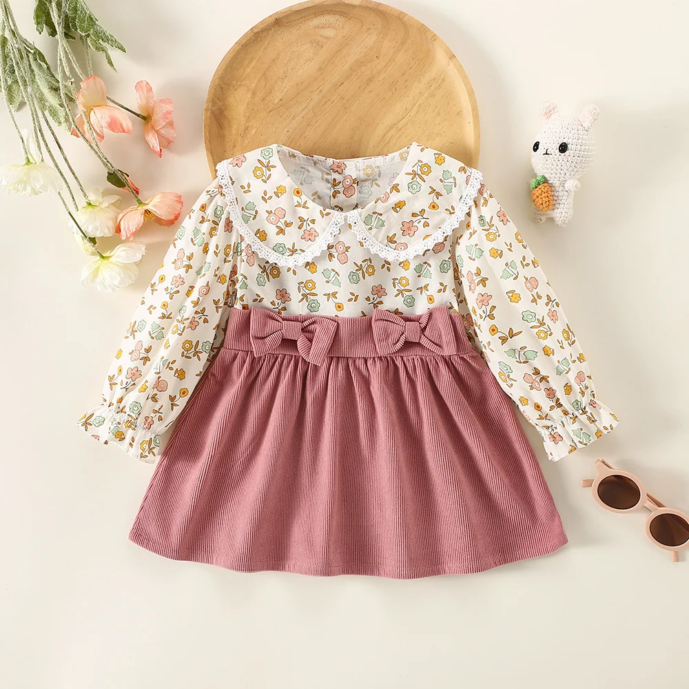 Baby Girl Dress, Spring Autumn Flower Bow, Girls\' Long Sleeved Dress, Cute Lapel Children\'S Clothing