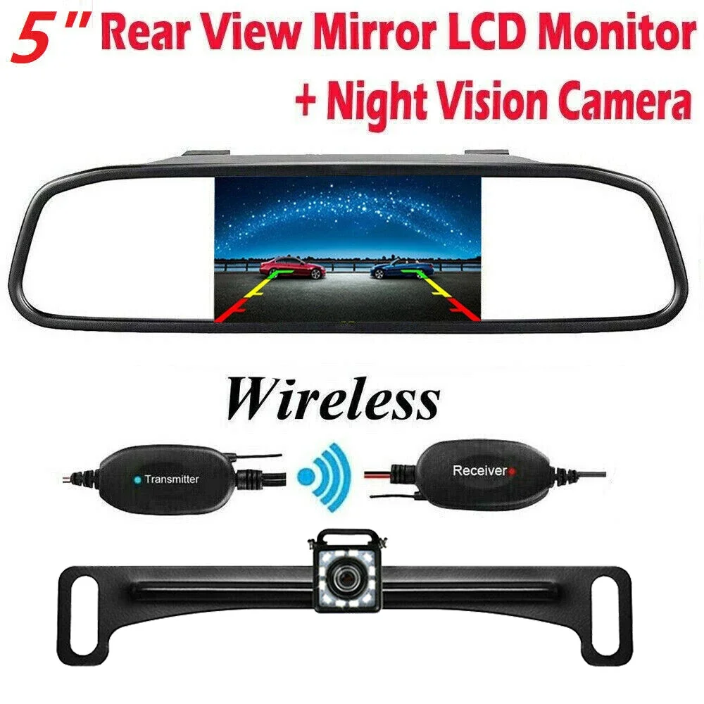 

QueenDer Wireless 5 inch Rear View Mirror Monitor + Car Backup Camera Kit Night Vison Camera for Car, Pickup, SUVs, Vans