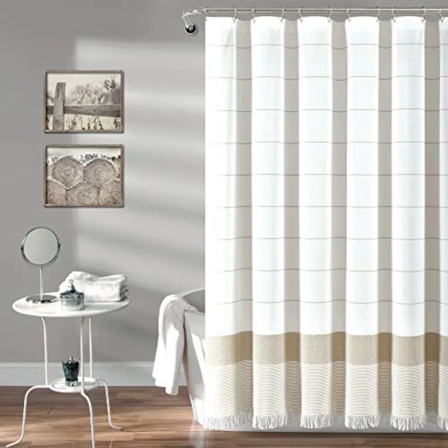 

White Woven Cotton Shower Curtain with Stripe and Tassel Fringe Bathroom Accessories 72" x 72
