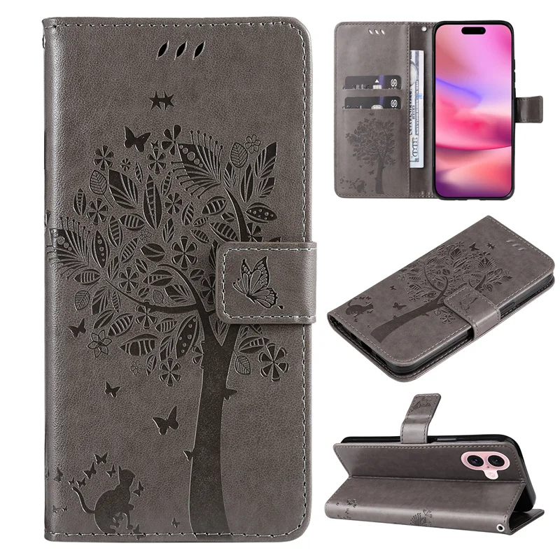 New Embossed cat and tree card slot bag for iPhone 16 15 14 13 12 11 Pro Max Plus case anti fall protective cover bumper