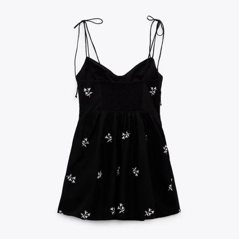 Robe noire pour femme, en taffetas, broderie florale, robe de fée courte, col en V sans manches, bretelles réglables, dos nu, pure et élégante