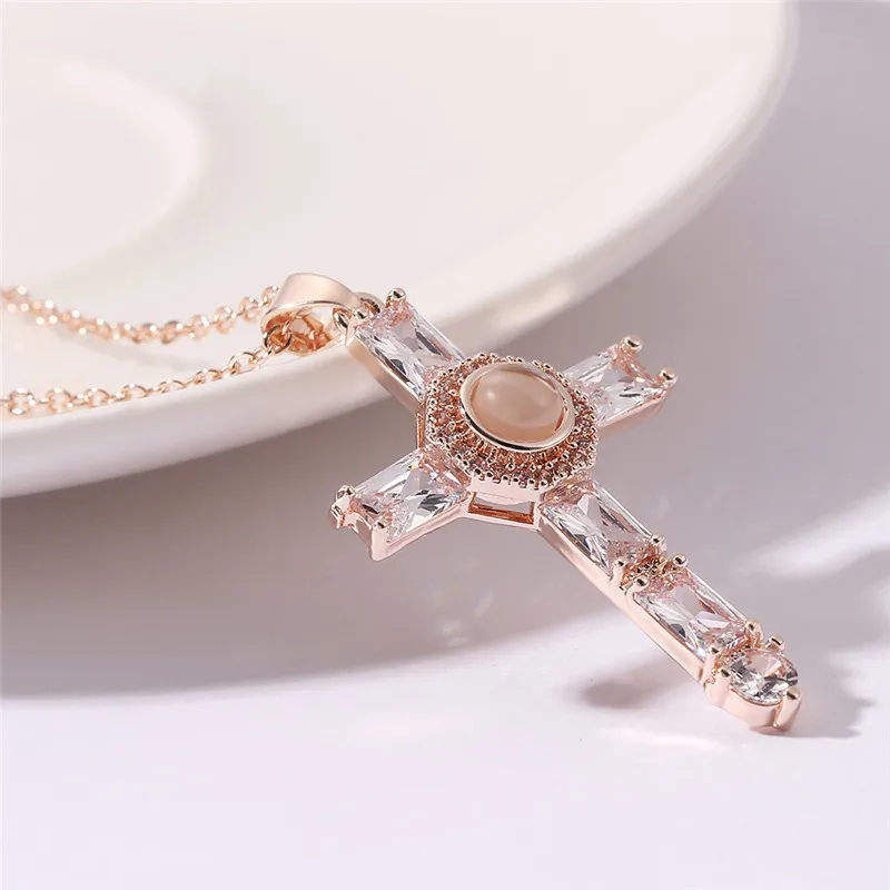 Church Cross Jesus Crucifix Pendants Necklace 100 Language Projection Necklaces Rose Gold Color for Women ﻿