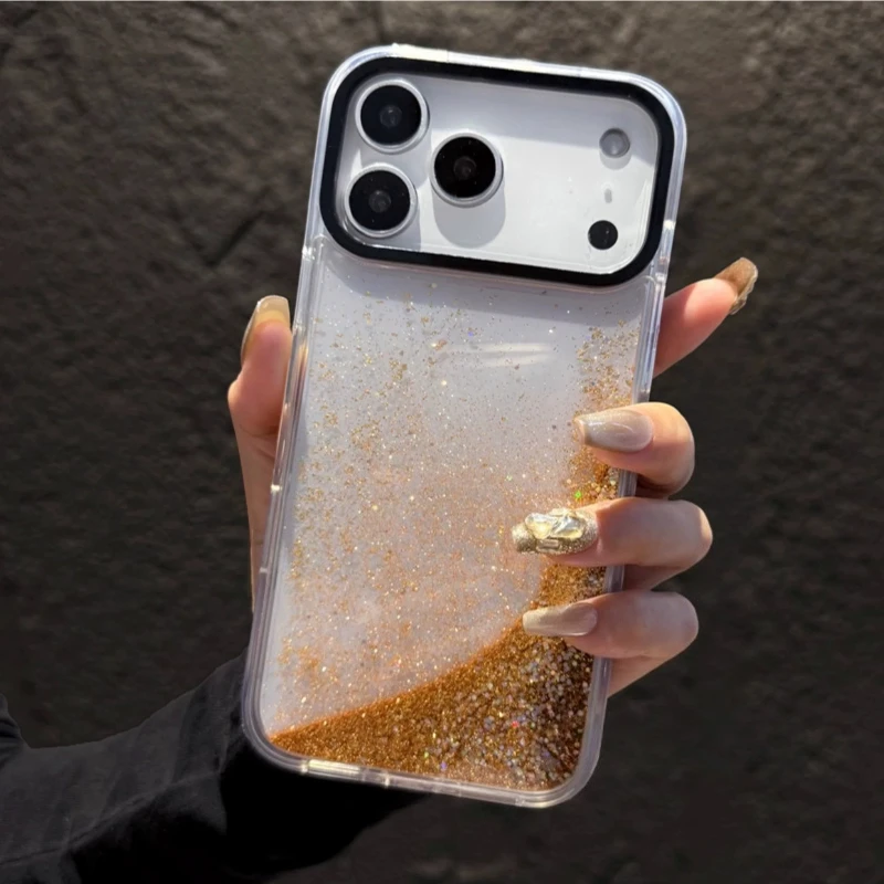 Gold Dynamic Quicksand Liquid Cover for iPhone 17 16 15 Pro Max Phone Case Women Glitter Moving Sand Hard Shell Transparent Capa