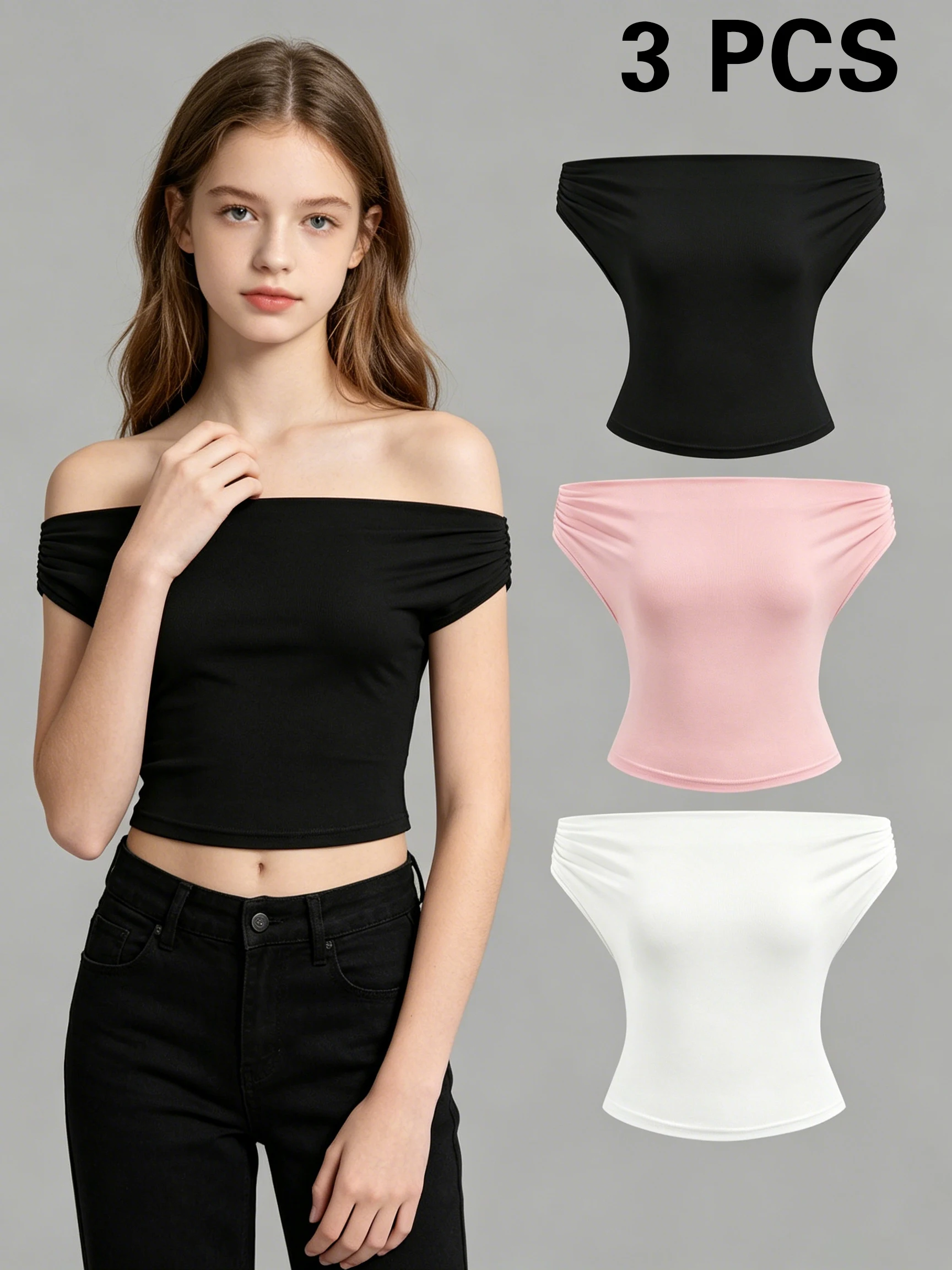 Y2K Teen Girls 3 Pack Off Shoulder Short Tops Side Pleated Slim Waist Cropped Blouse Solid Color Basic Tube Camisole