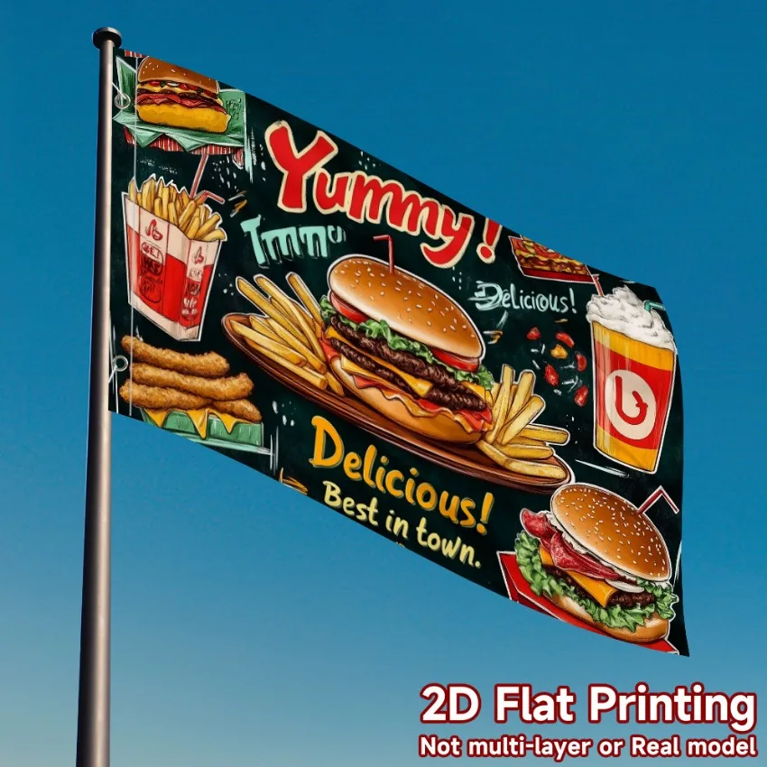 Burger and Fries Flag 59x35In Polyester Food Banner for Restaurant Garden Outdoor Party Decoration
