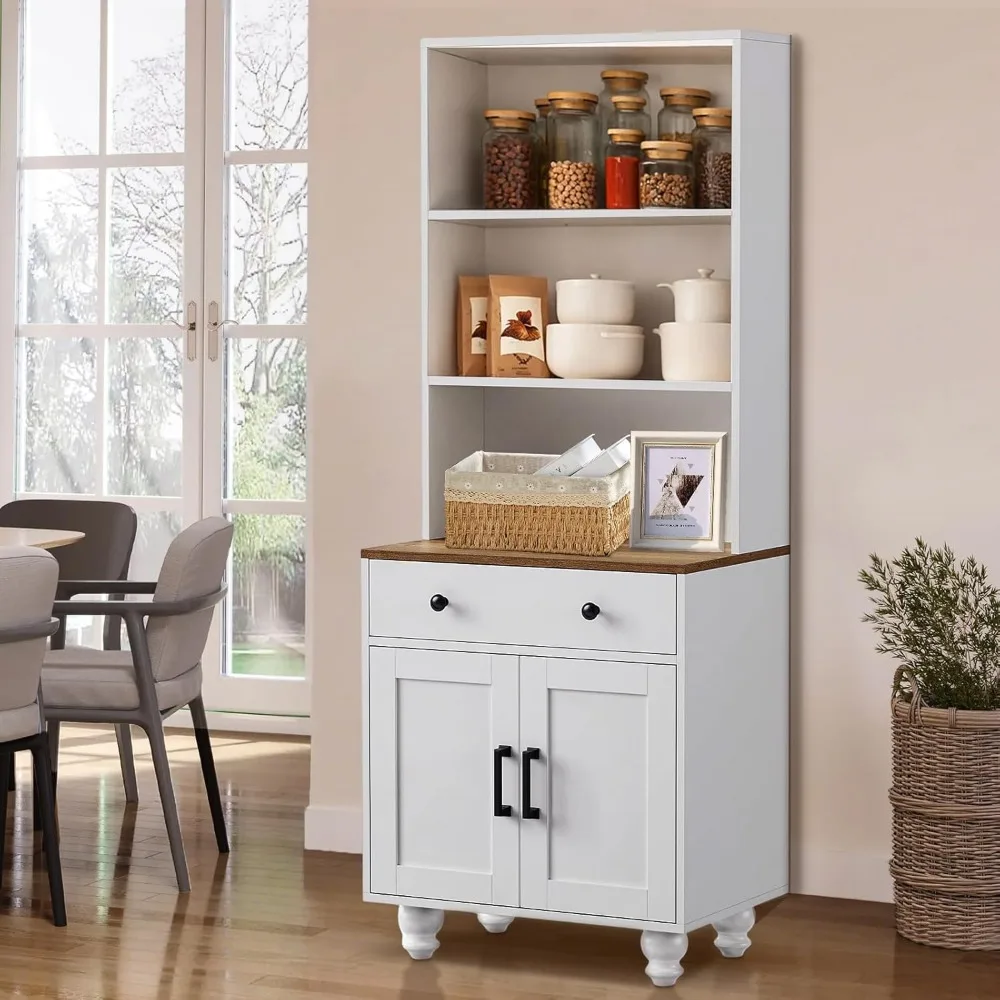 

Kitchen Hutch Cabinet with Drawer, Farmhouse Kitchen Pantry Storage Cabinet, Pantry Cabinet with Microwave Stand, Open Shelves f