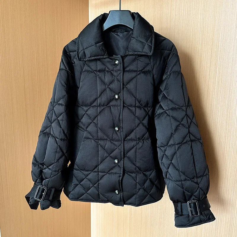 2024 Winter New 90% White Duck Down Jacket Women Short Shirt-style Loose Rhombic Luxury Coat Thick Warm Oversized Parkas Outwear