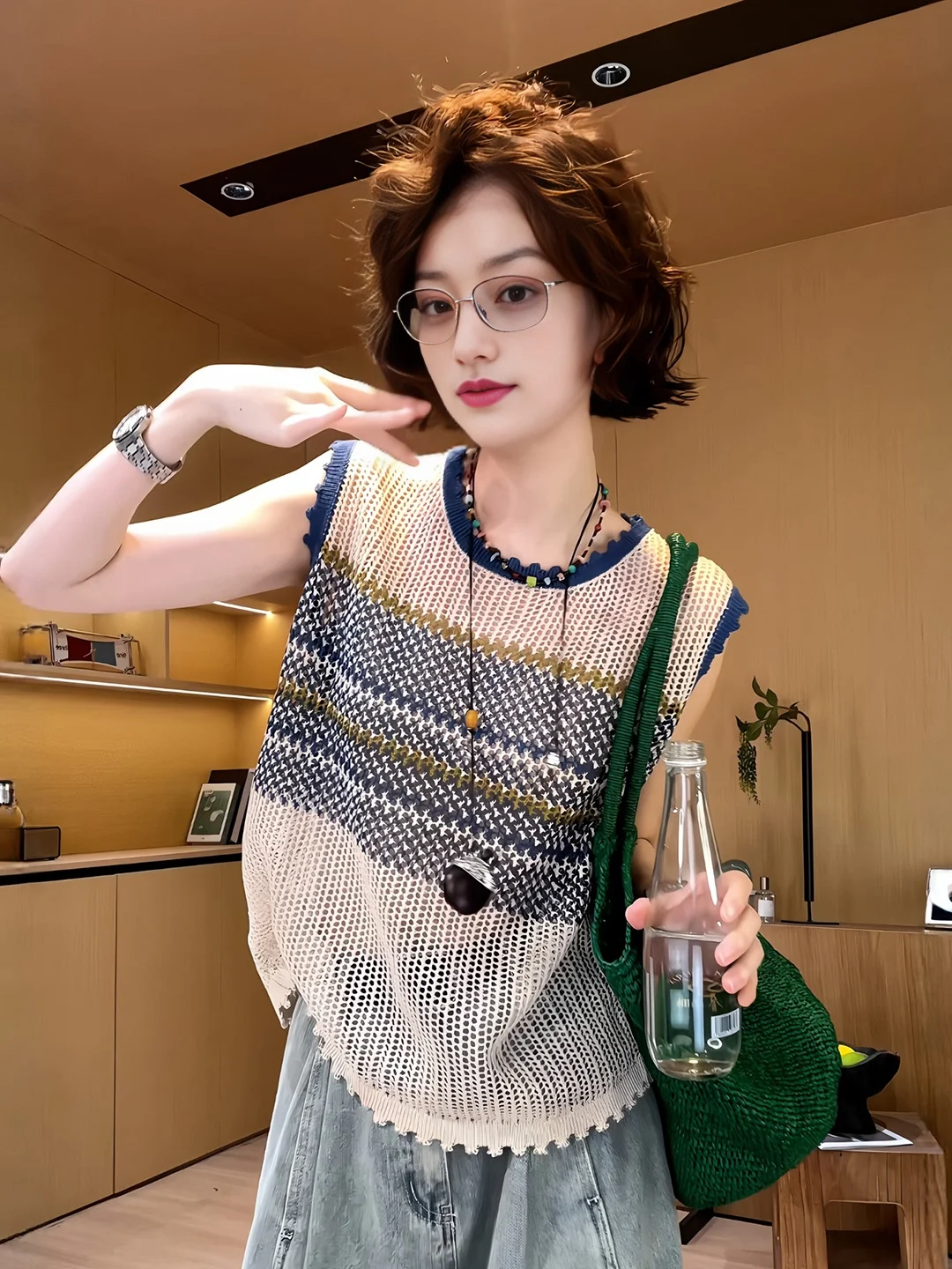 plus Size Knitted Hollow out Sleeveless Vest Women's Summer New Style Fat Covering MM Underarm Concealment Shoulder Top