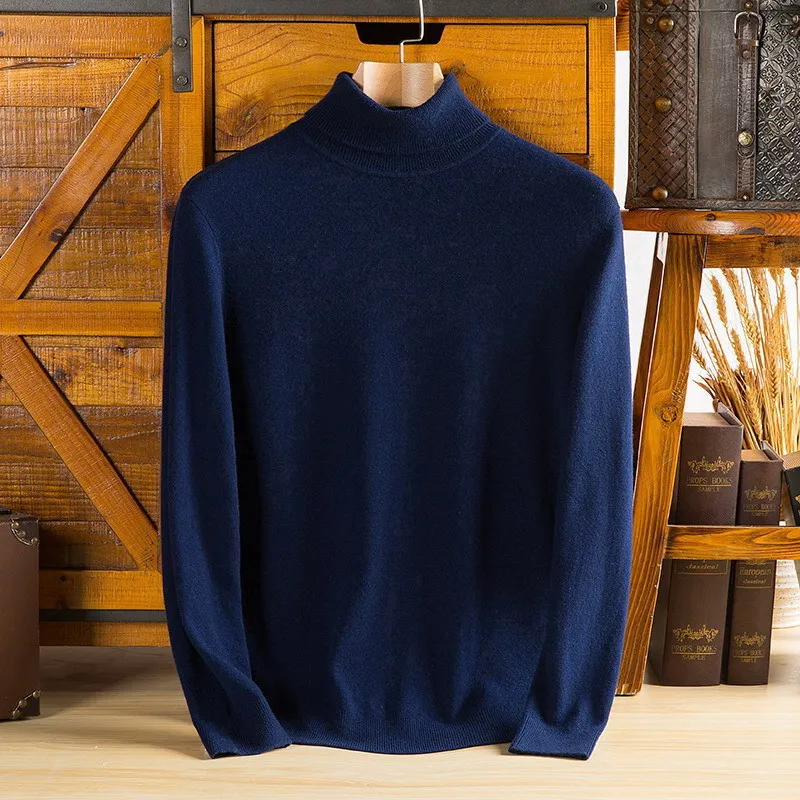 Men Merino Wrapped Wool Sweater Turtleneck Knitted Pullover Cashmere Warm Solid Color Business Bottoming Tops Autumn Winte