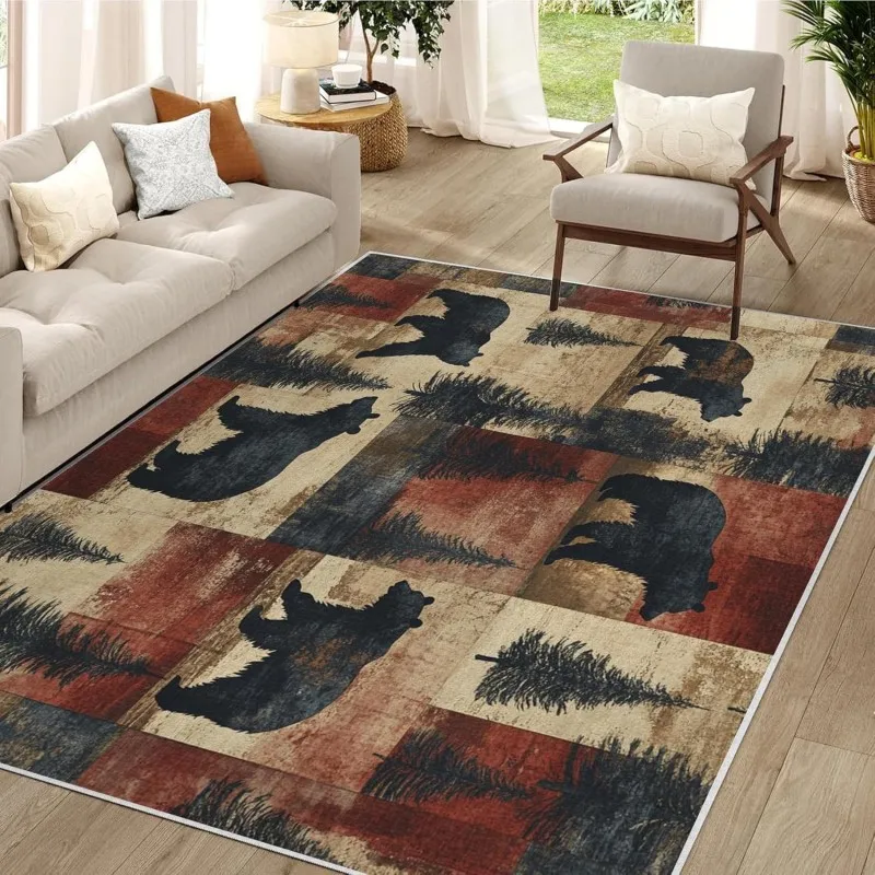 

VIKAMA Bear Pine Tree Area Rug Non Slip Washable Cabin Style Rustic Living Room Bedroom Floor Mat Farmhouse Decor Carpet