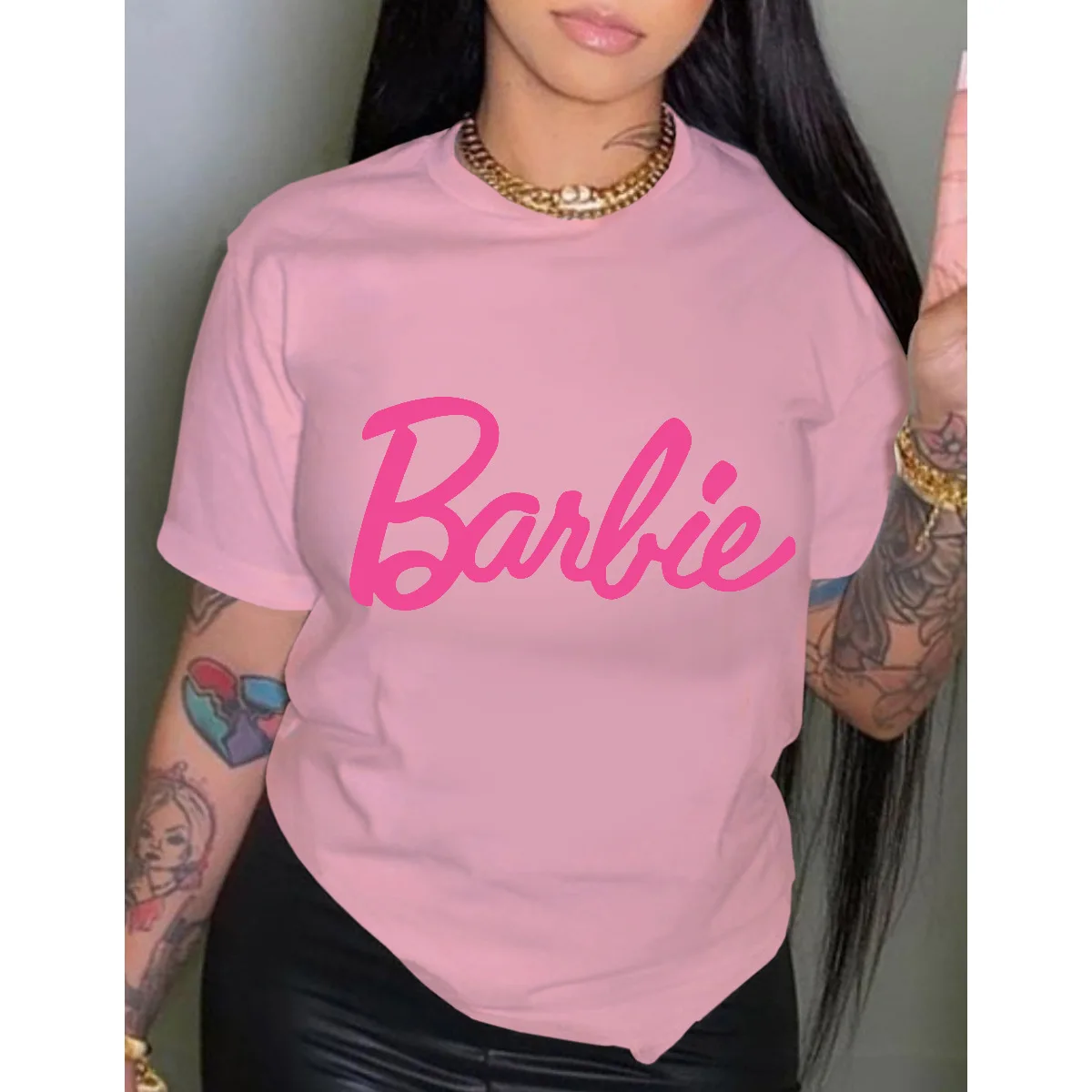 Barbie Short Sleeves Fashion Ladies Printed Pullover Round Neck T-shirt  Y2k Girls Loose Soft Summer Tops Versatile Yoga Clothes