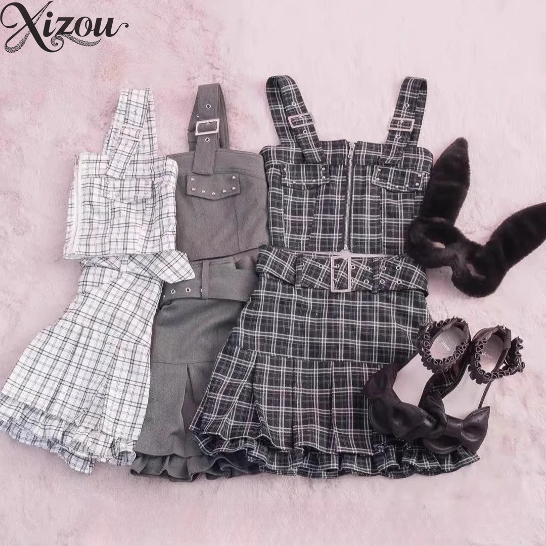 2025 Summer Japanese Mine Suit Women Sweet Outfits Bow Lace Splicing Bubble Sleeve Dress High Waist Embroidered Knitte Plaid Set