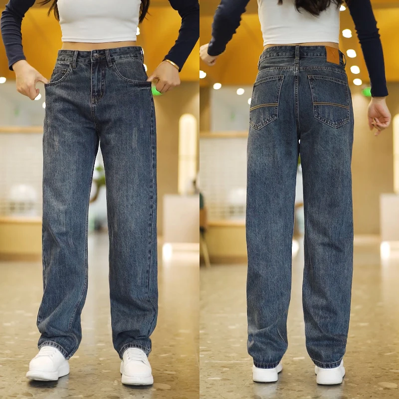 

Мужские джинсы в стиле ретро, американский уличный стиль, повседневные, прямые, широкие, свободного кроя, модные, из хлопкового денима