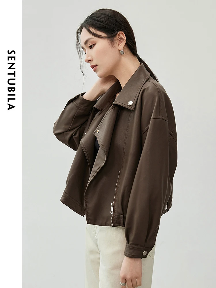 SENTUBILA Braune Pu-Kunstlederjacken für Damen, 2025, Herbst, Streetwear, langärmelig, kurze Ledermäntel, Bürodame W43G56293
