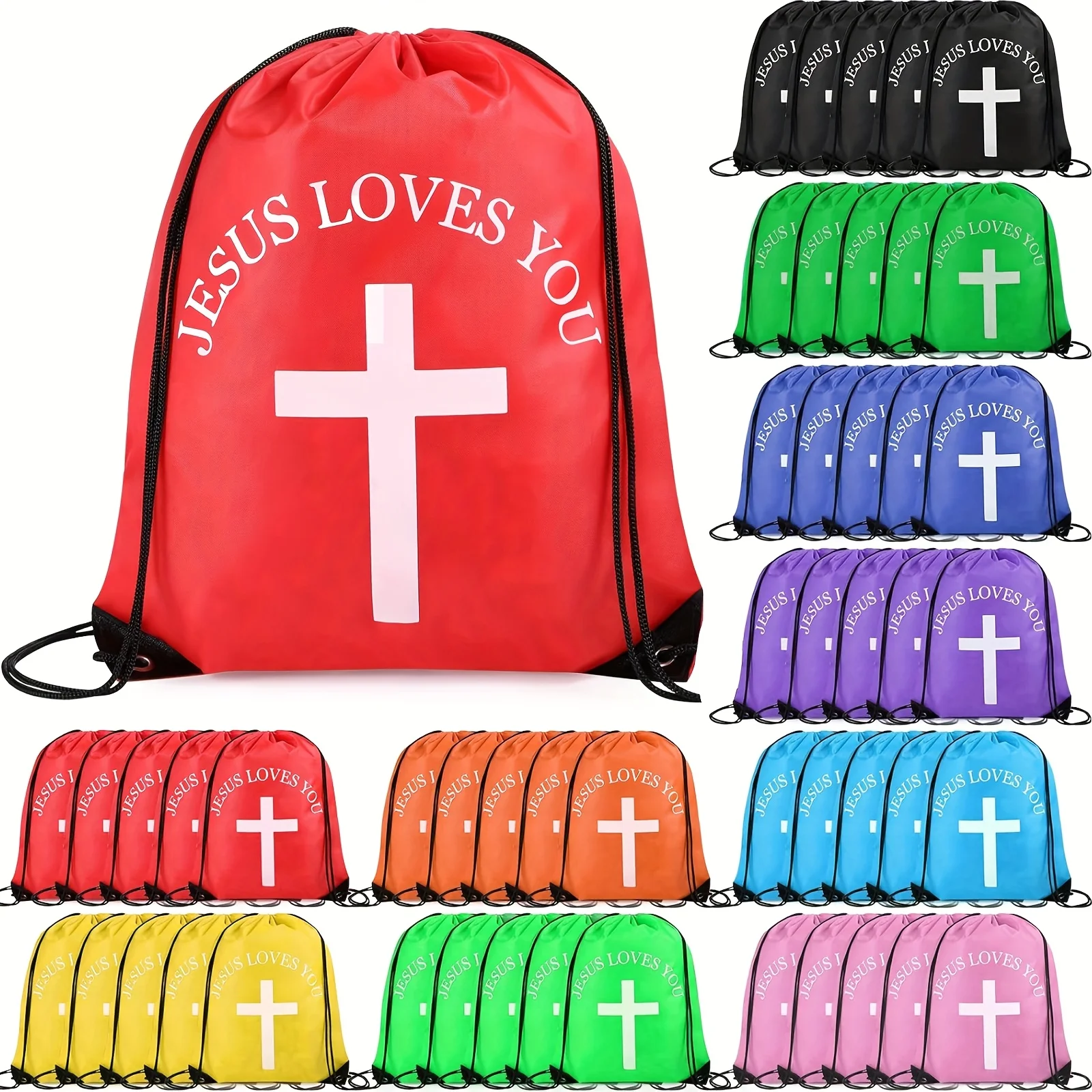 

50pcs Christian Drawstring Bags Bulk Jesus Loves You Backpack Set Easter Church Gifts Bags Christian Religious Gift Bag Polyeste