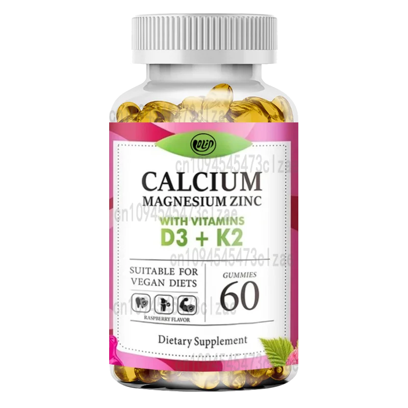 Caramelos de gomas de zinc y magnesio de calcio con sabor a frambuesa con vitamina D3 y K2 para una absorción eficiente, 60 unidades