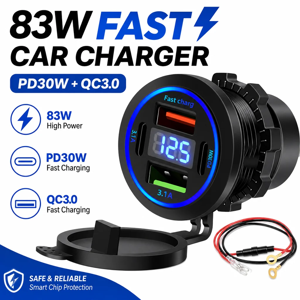 Car Charger Socket Fast Charging Dual USB Type-C PD30W Outlet Phone Power Adapter with Voltmeter for Motorcycle Truck Boat RVA